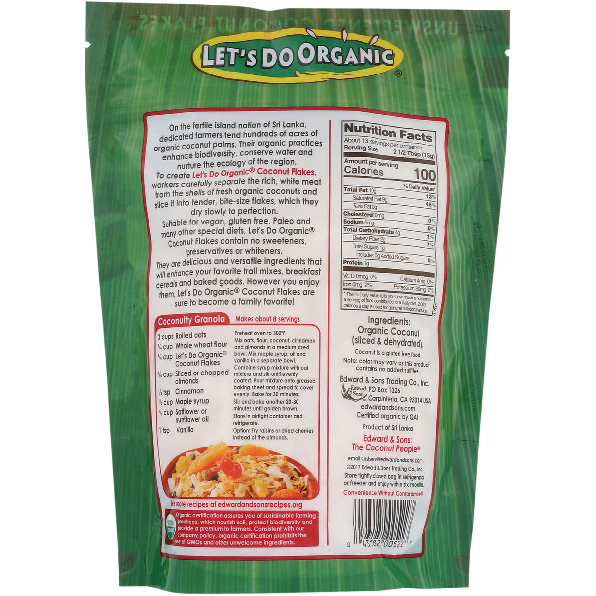 LDO001 | Back of Let's Do Organic coconut flakes package showing nutrition facts, ingredients, and coconut granola recipe