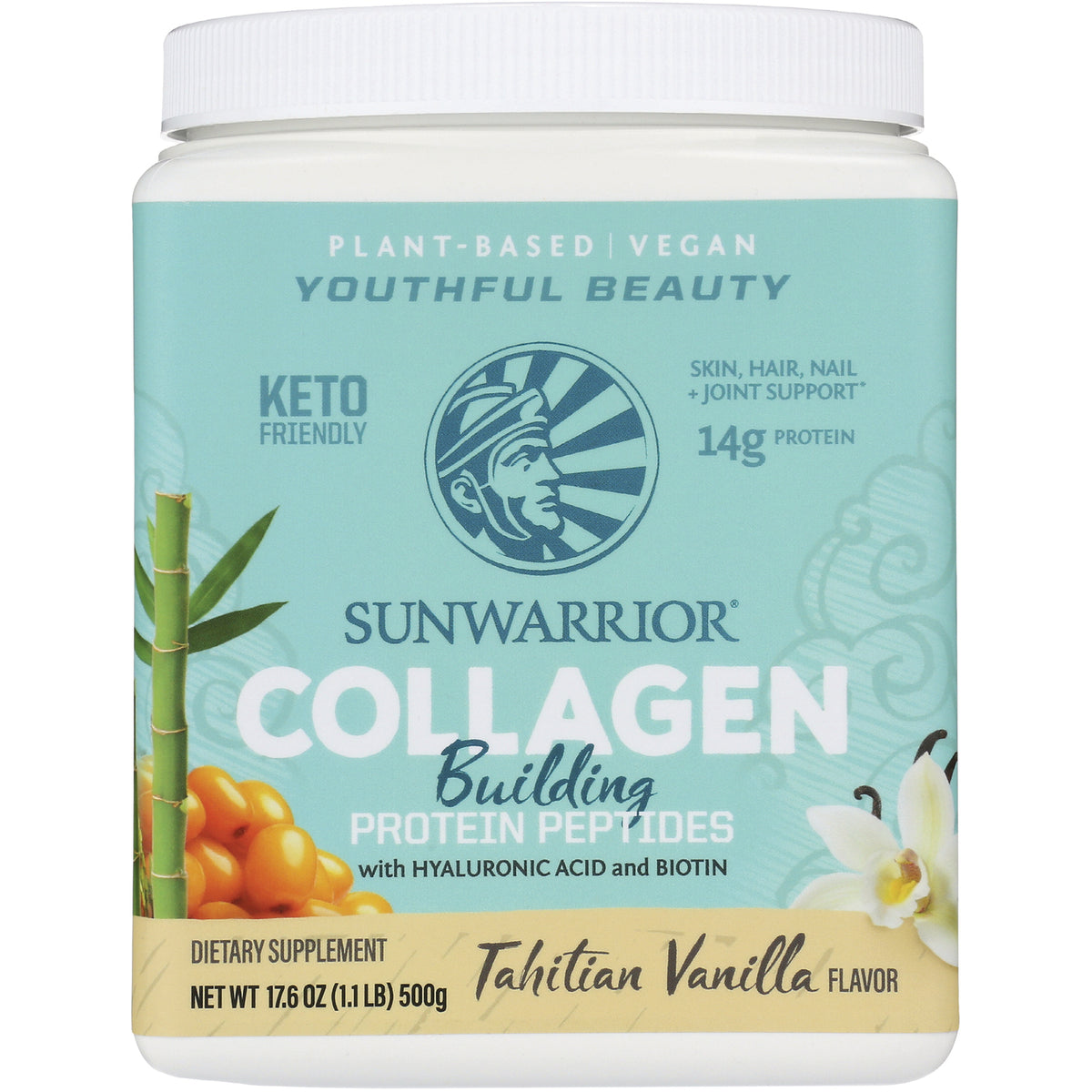 SNW031 | Sunwarrior Collagen Building Protein Peptides Tahitian Vanilla, plant-based vegan, 17.6 oz 500g