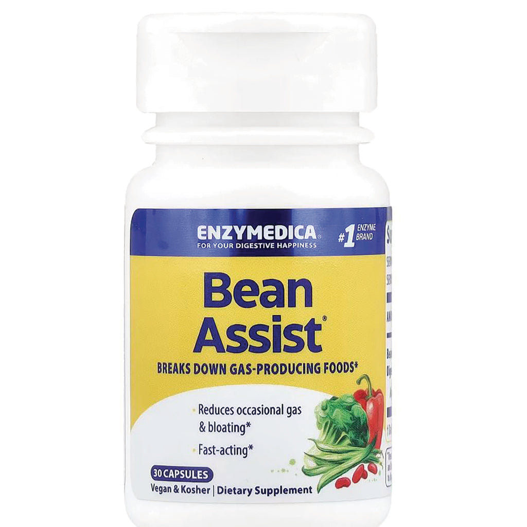 EMD051 | Enzymedica Bean Assist bottle front with yellow label reading breaks down gas-producing foods, 30 capsules - Thumbnail