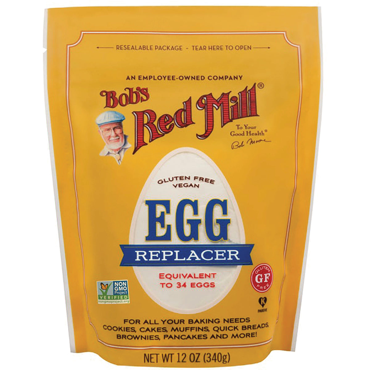 BOB247 | Bob's Red Mill yellow front pouch labeled EGG REPLACER, vegan gluten free, equivalent to 34 eggs