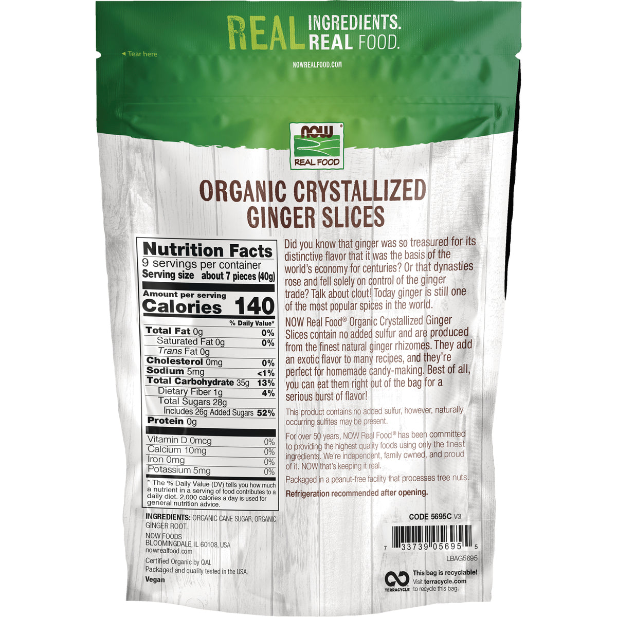NWF1130 | Back of NOW Real Food Organic Crystallized Ginger Slices pouch showing Nutrition Facts, ingredients, and barcode