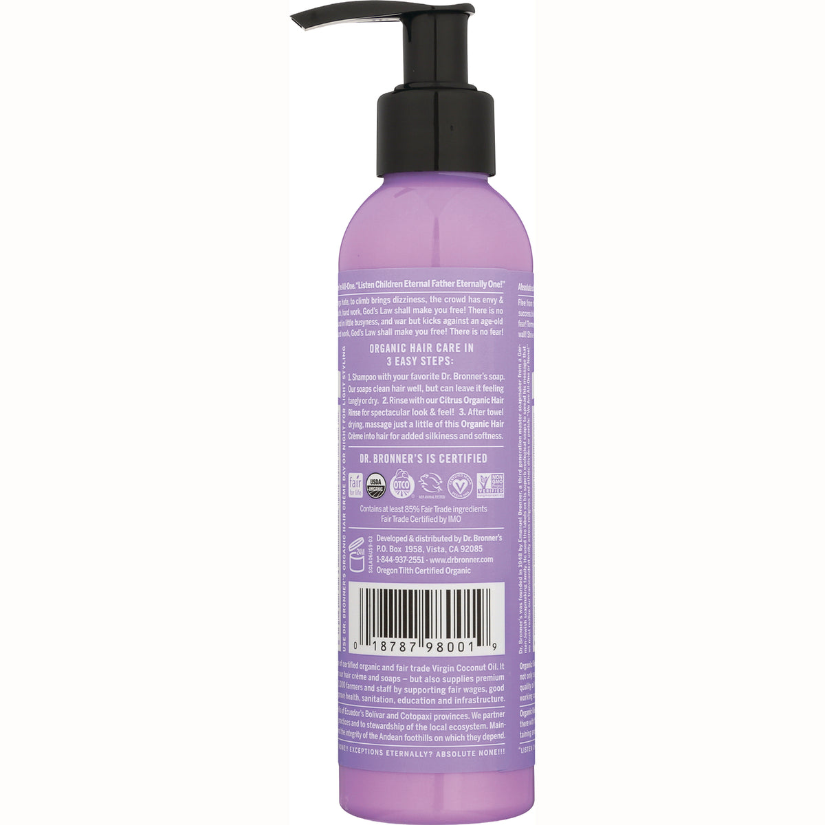 DRB030 | Back label of purple pump bottle showing Dr. Bronner's text, usage instructions and barcode