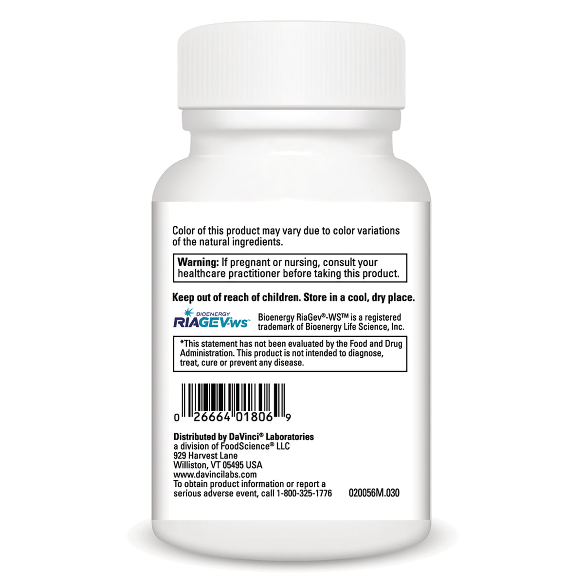 DVL169 | Back of white supplement bottle showing warning text, RiaGev logo, barcode and distributor information
