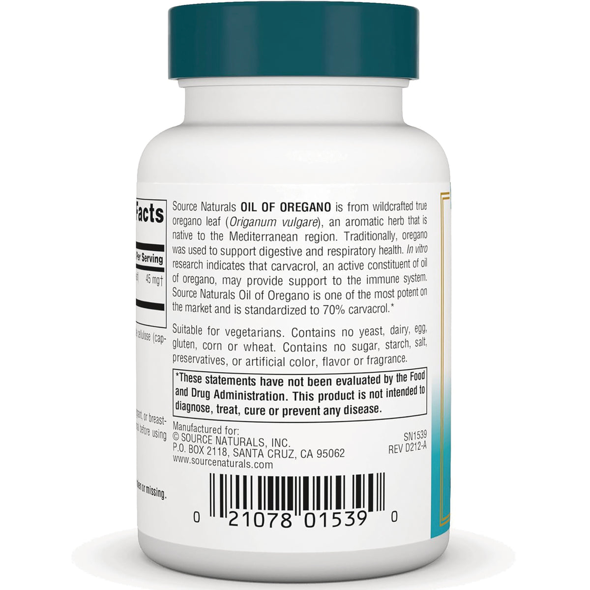 SN370 | Source Naturals Oil of Oregano supplement bottle back label with ingredients, warnings, and barcode