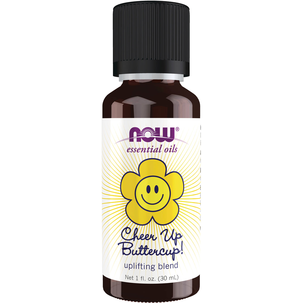 NWF1225 | Brown 1 fl oz bottle of NOW essential oils labeled Cheer Up Buttercup! uplifting blend with yellow smiley flower