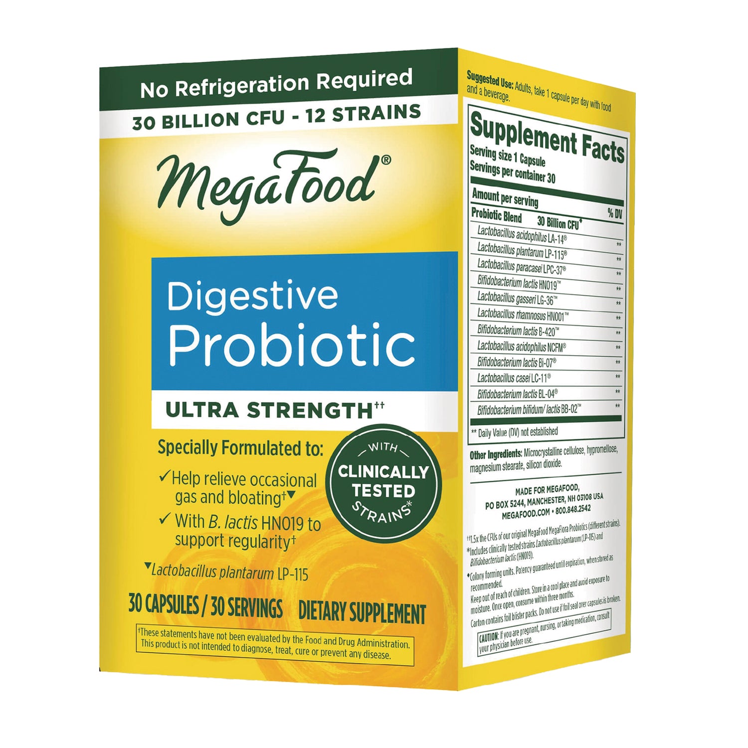 MGF135 | MegaFood Digestive Probiotic ultra strength box, 30 capsules, front packaging with product name and supplement facts panel