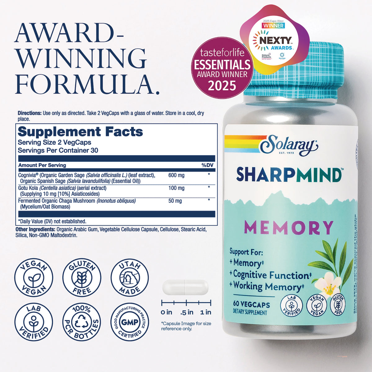 SLR526 | Solaray Sharpmind Memory back label with Supplement Facts, directions, and award-winning formula badges