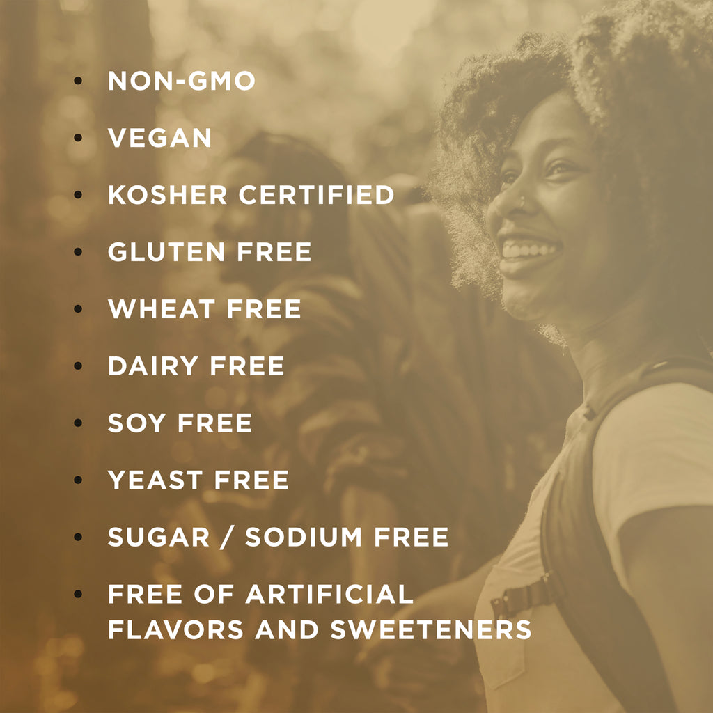 SLG355 | Infographic listing non-GMO, vegan, kosher, gluten/wheat/dairy/soy/yeast free, sugar/sodium free, no artificial flavors - Thumbnail