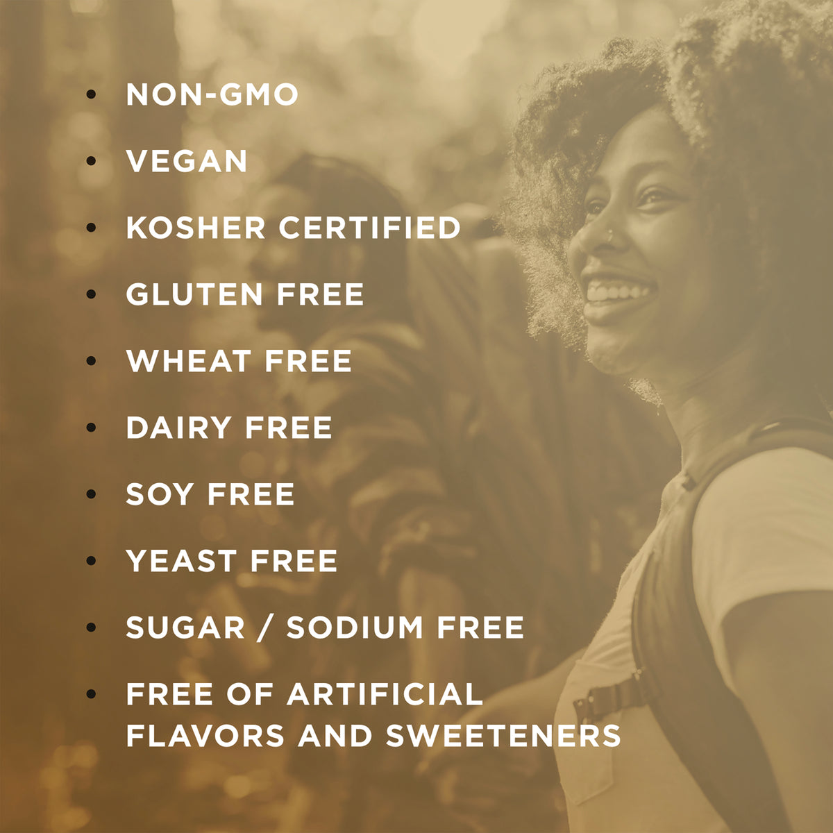 SLG355 | Infographic listing non-GMO, vegan, kosher, gluten/wheat/dairy/soy/yeast free, sugar/sodium free, no artificial flavors
