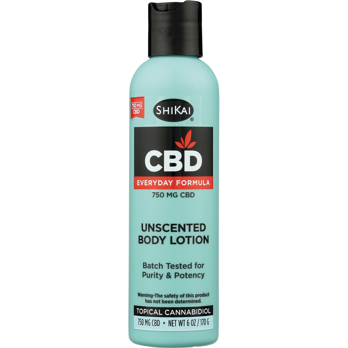 SHK058 | teal bottle of SHIKAI unscented CBD body lotion labeled 750 MG CBD, 6 oz