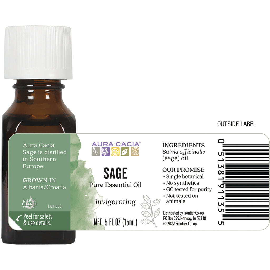 ARC039 | Back label of sage essential oil bottle showing ingredients, barcode, and grown in Albania/Croatia - Thumbnail