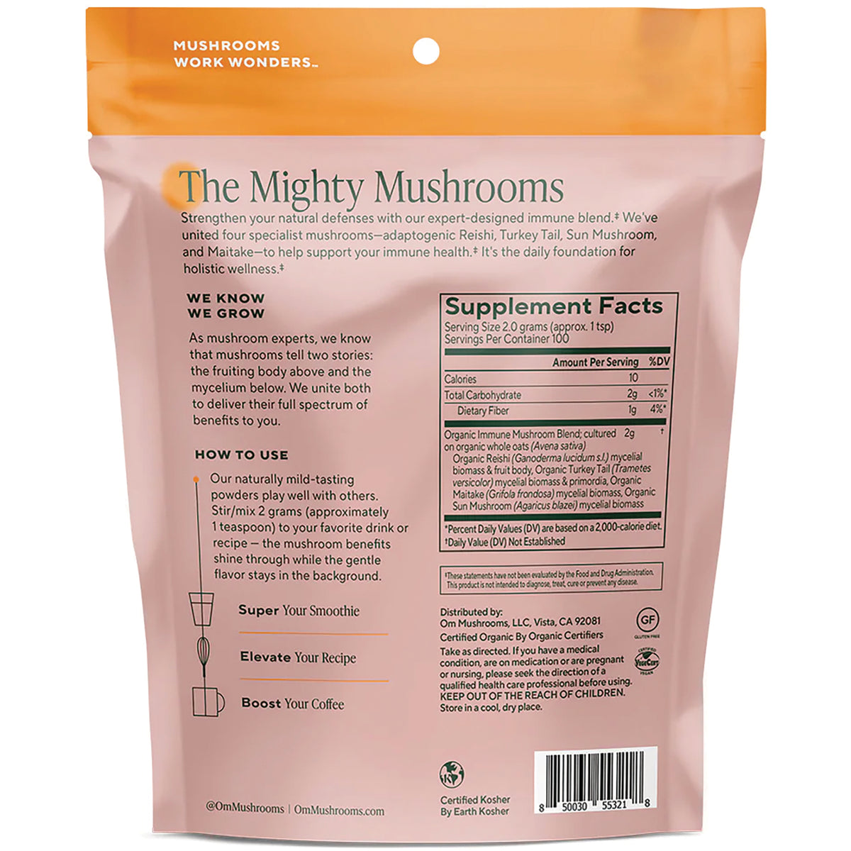 MMX044 | Back of mushroom supplement pouch showing Supplement Facts panel, immune benefits text and barcode