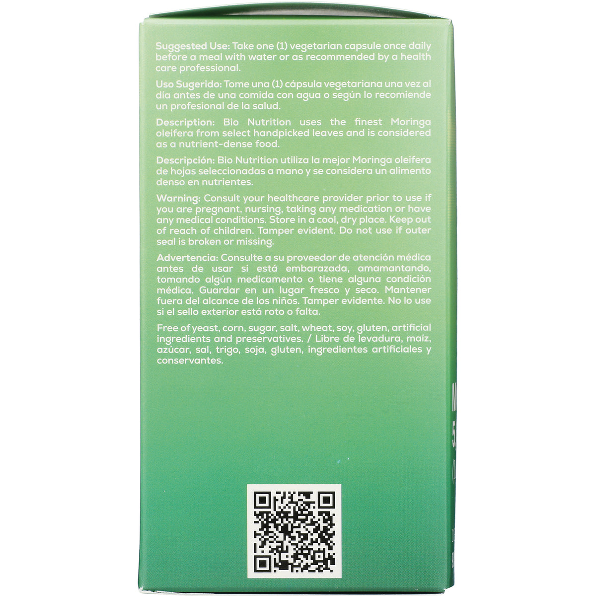 BNN052 | Back of green supplement box showing suggested use, warnings, bilingual text and a QR code