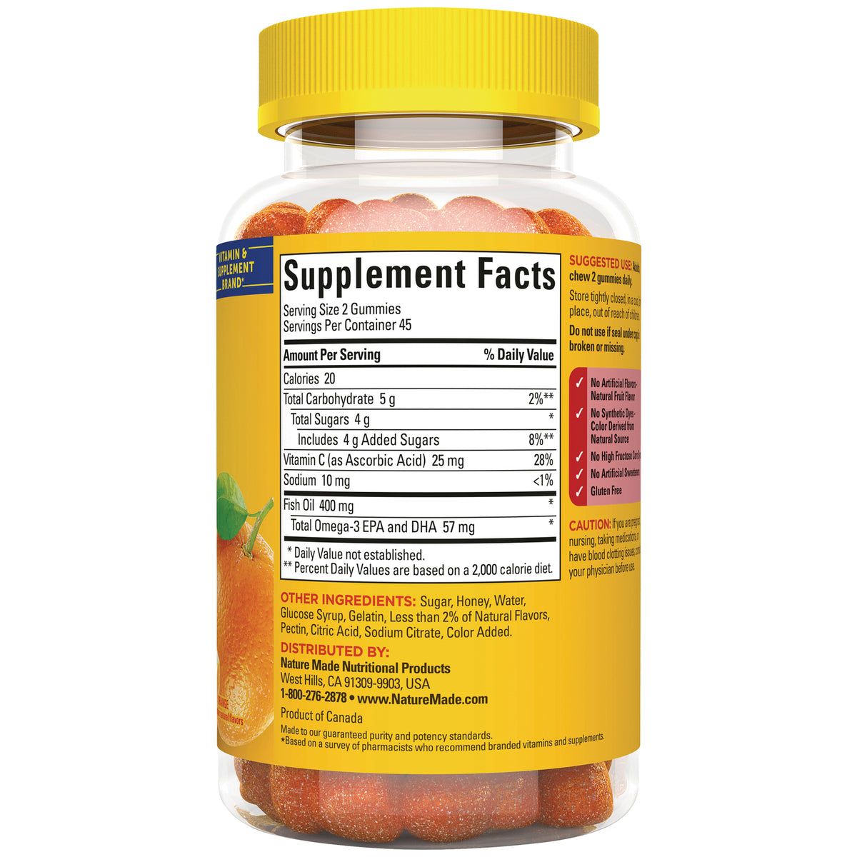 NTM035 | Back of gummy supplement bottle showing Supplement Facts panel, ingredients, and distributor info