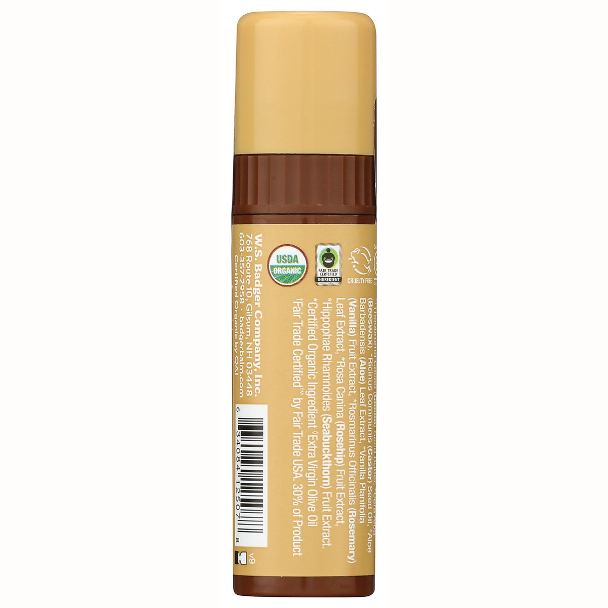 BAD004 | Back label with ingredients, USDA Organic and Fair Trade Certified logos, and barcode