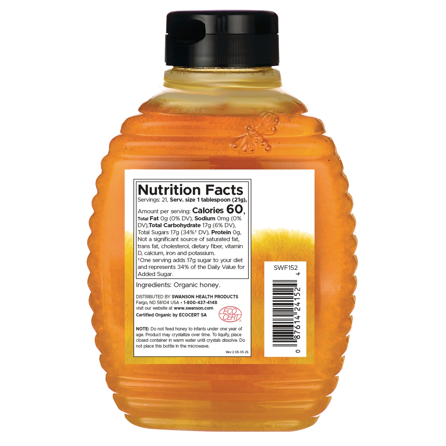 SWF152 | Back label with Nutrition Facts, ingredients, and barcode on organic honey bottle