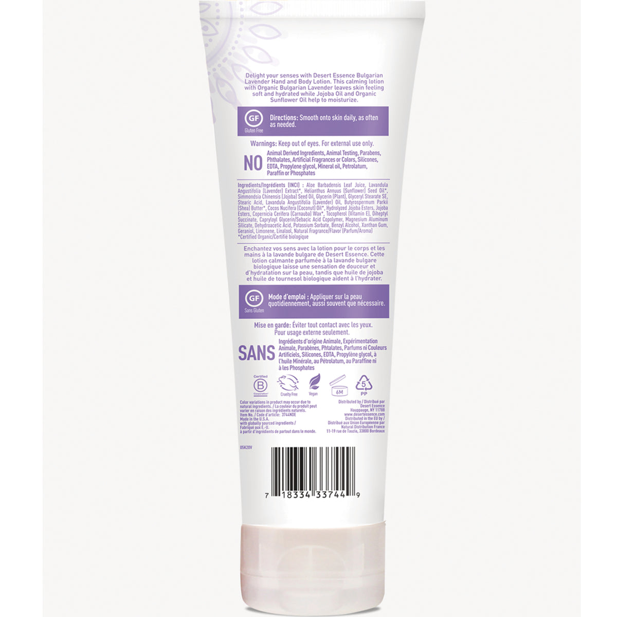 DST014 | Back of white lavender lotion tube showing ingredients, directions, warning text, icons and barcode