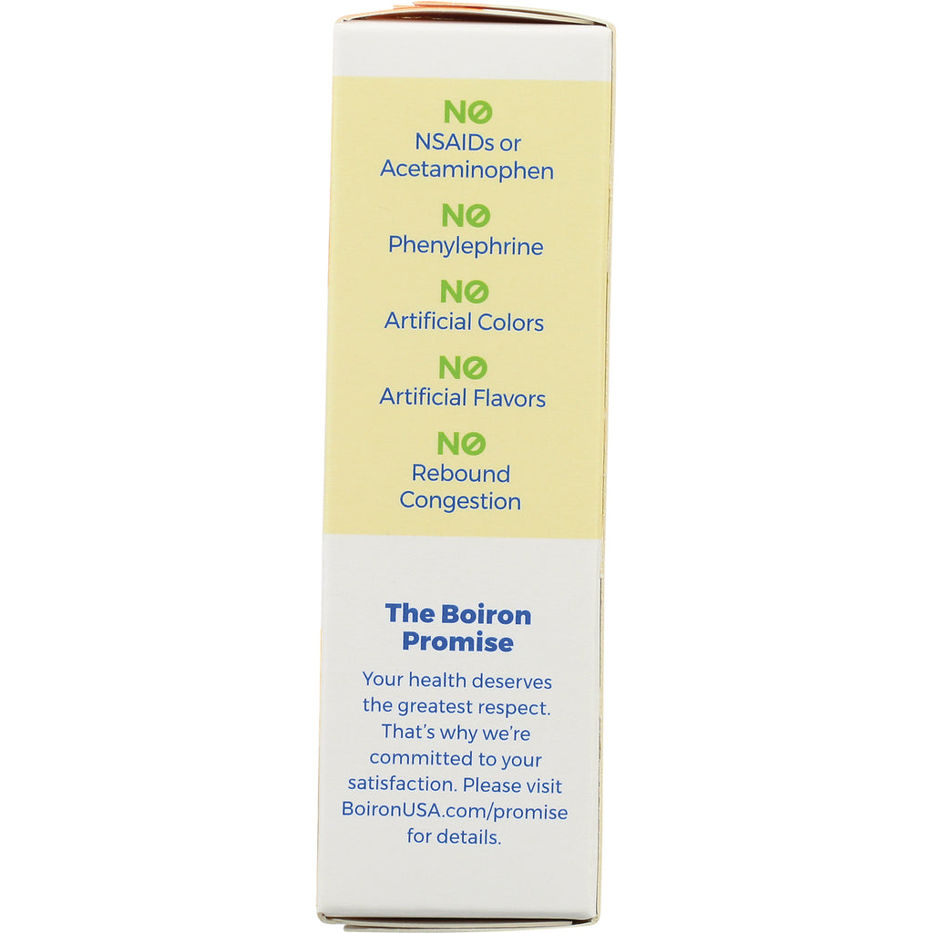 BRN116 | side panel listing No NSAIDs or Acetaminophen; No Phenylephrine; No artificial colors or flavors; Boiron Promise - Thumbnail