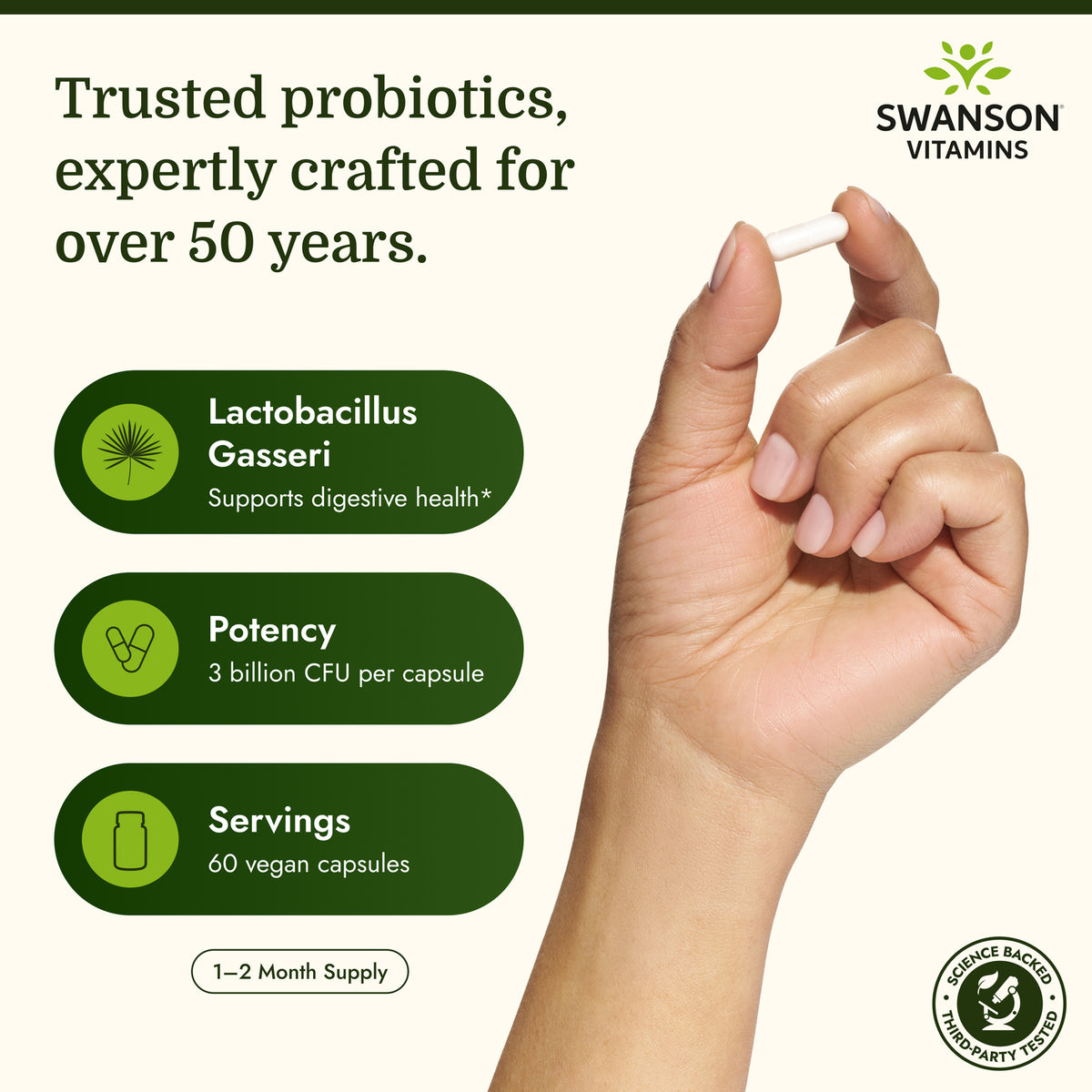 SWA027 | Swanson Lactobacillus Gasseri probiotic bottle labeled 3 billion CFU, 60 veggie drcaps