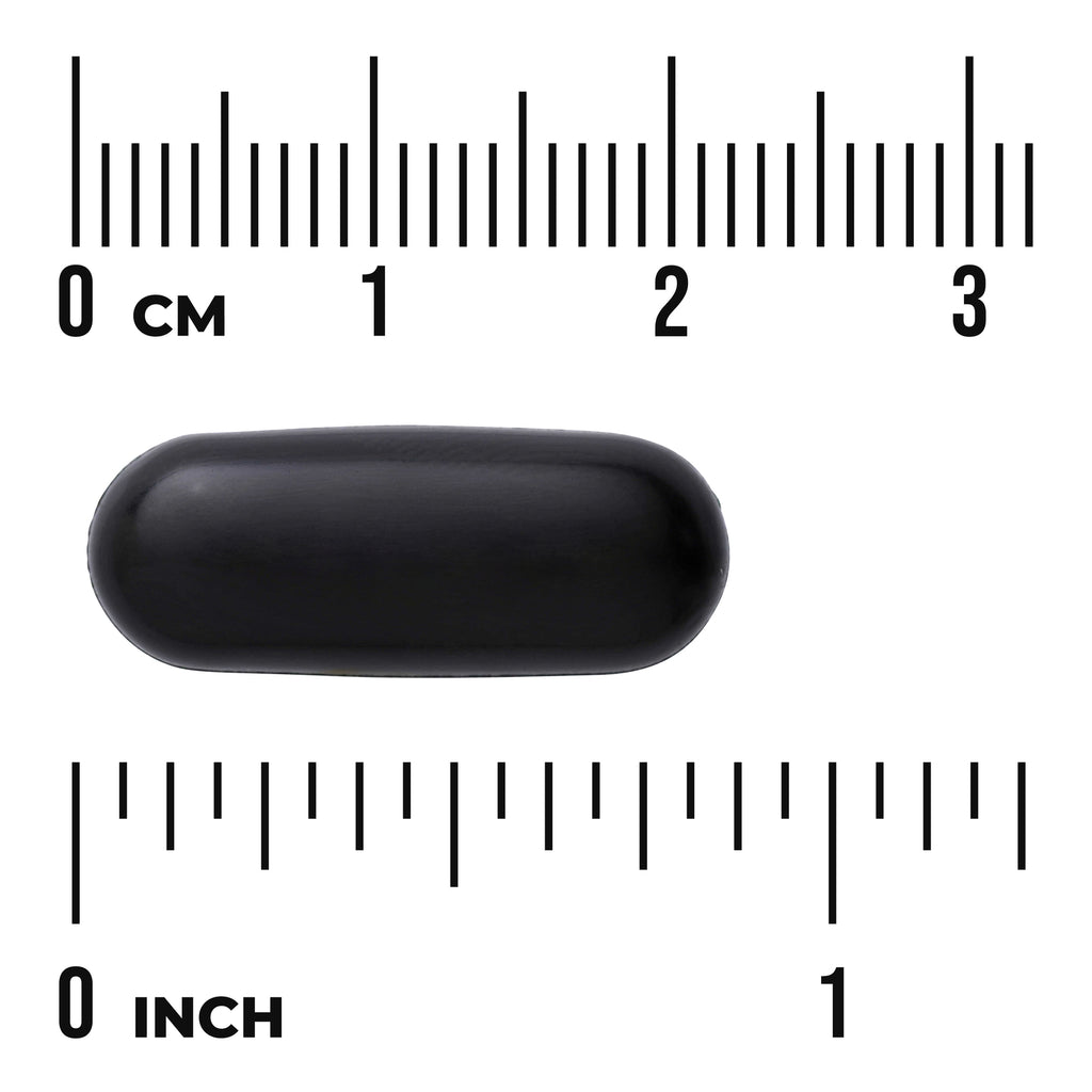 SW1857 | Black oblong softgel capsule on centimeter and inch rulers showing '0 cm' and '0 inch' markings - Thumbnail
