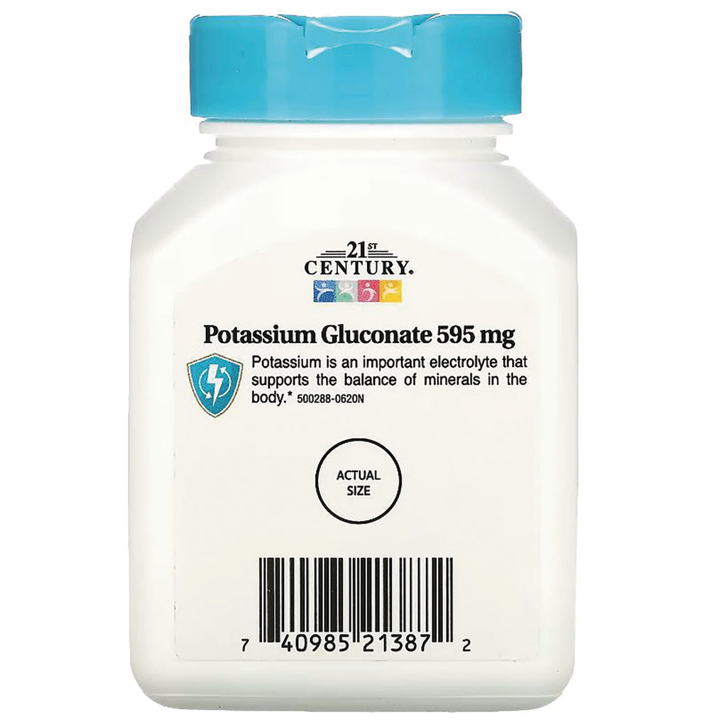 CNT134 | Back of white supplement bottle with blue cap labeled Potassium Gluconate 595 mg, actual size circle and barcode - Thumbnail