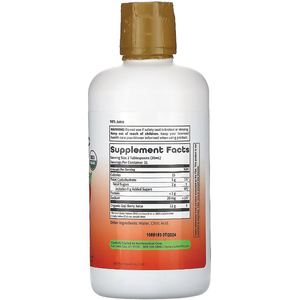 DYH007 | Back of white bottle showing Supplement Facts panel with nutrition facts and ingredients
