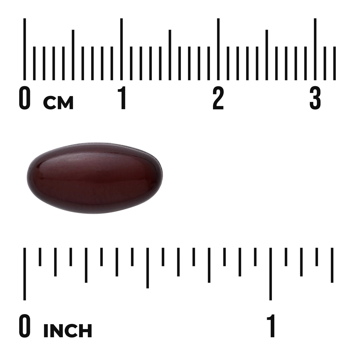 SWU672 | Dark oval softgel shown with inch and centimeter rulers for size reference