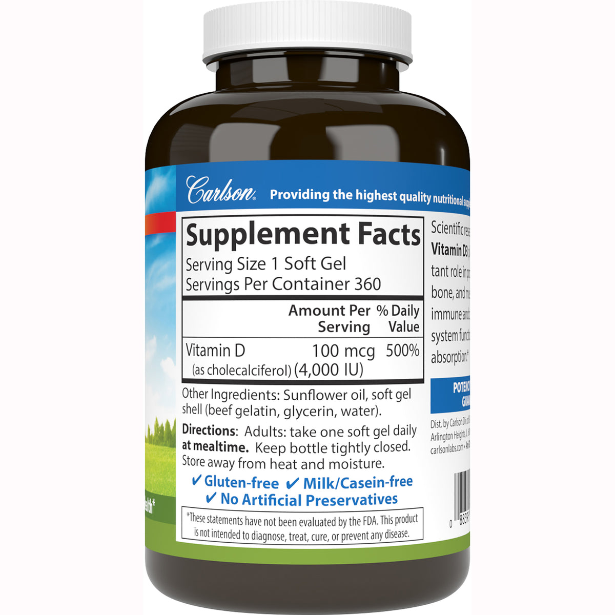 CSN231 | Back label of vitamin D soft gel bottle showing Supplement Facts with Vitamin D 100 mcg (4,000 IU), directions and product claims