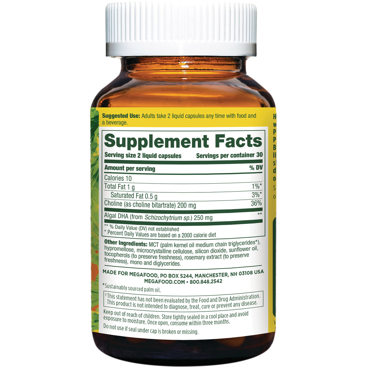 MGF102 | Back label showing Supplement Facts panel, serving size, ingredients, and usage on amber bottle