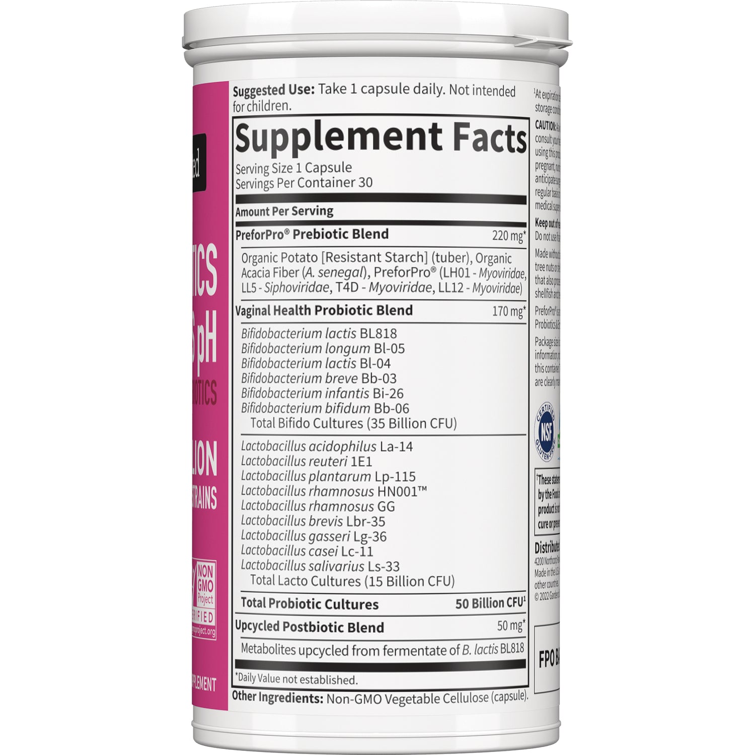GLF374 | Supplement facts panel on white bottle showing probiotic ingredient list and upcycled postbiotic blend