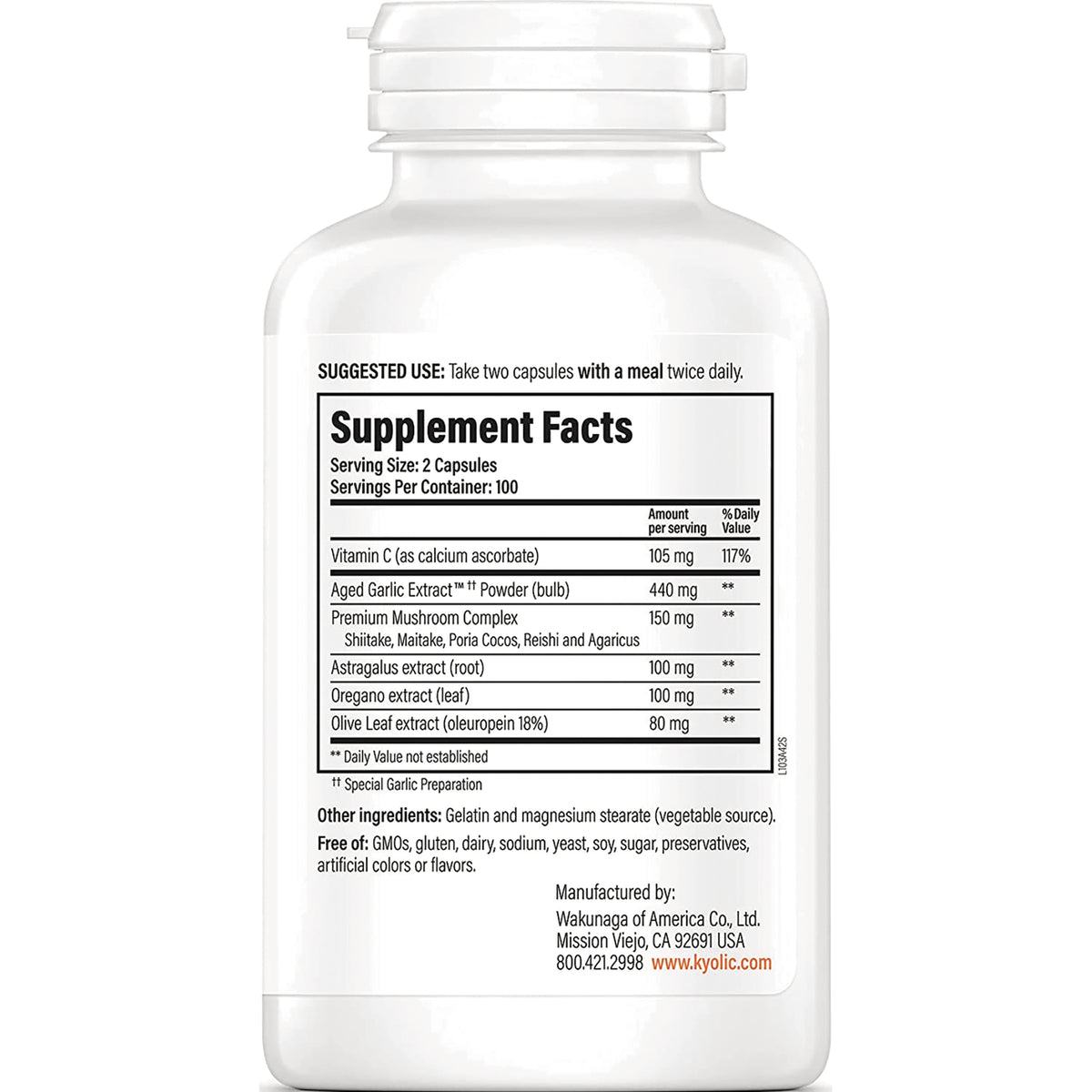 KY022 | Bottle back showing Supplement Facts panel with serving size, ingredient list and other supplement information