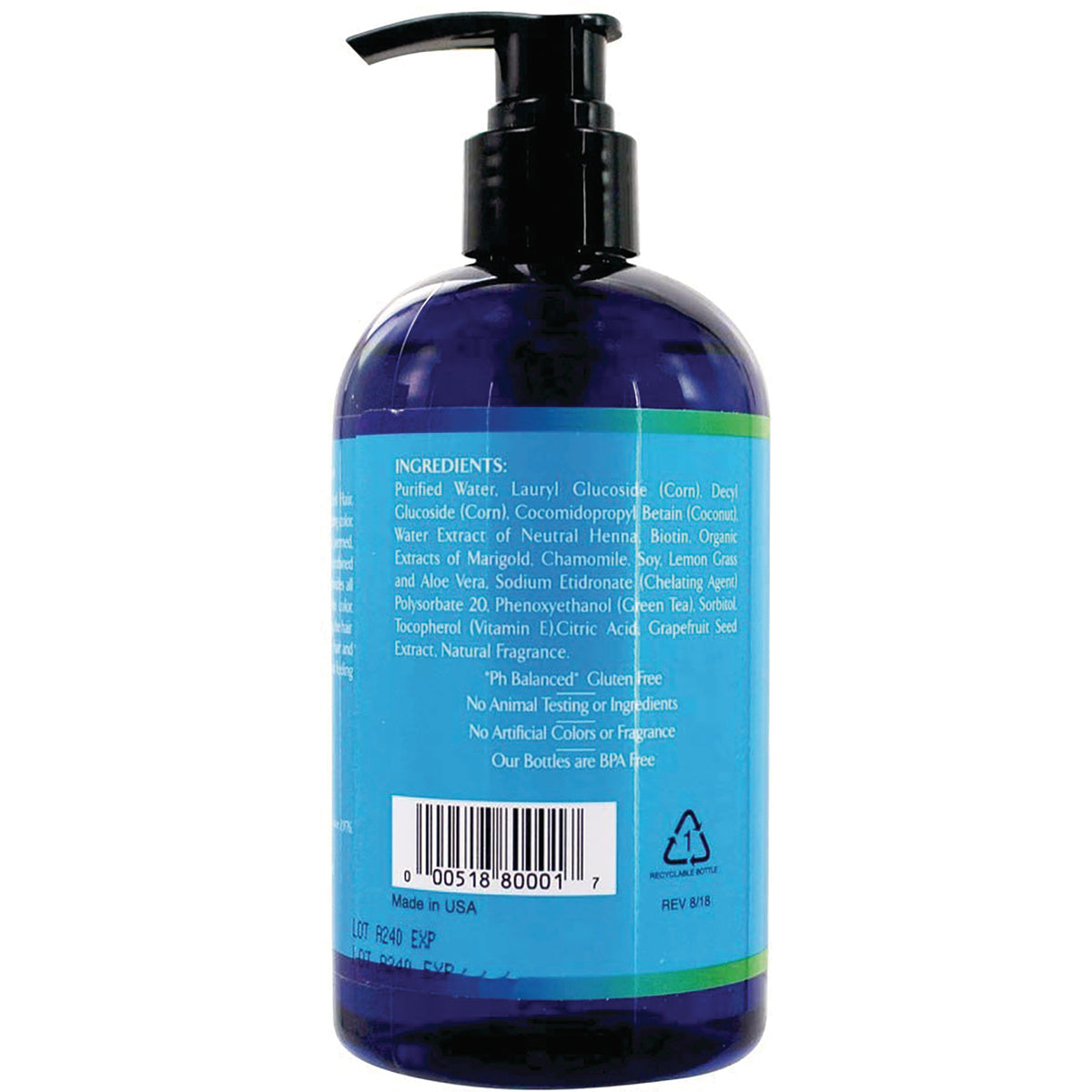 RBR003 | back of blue pump bottle showing ingredients list and barcode