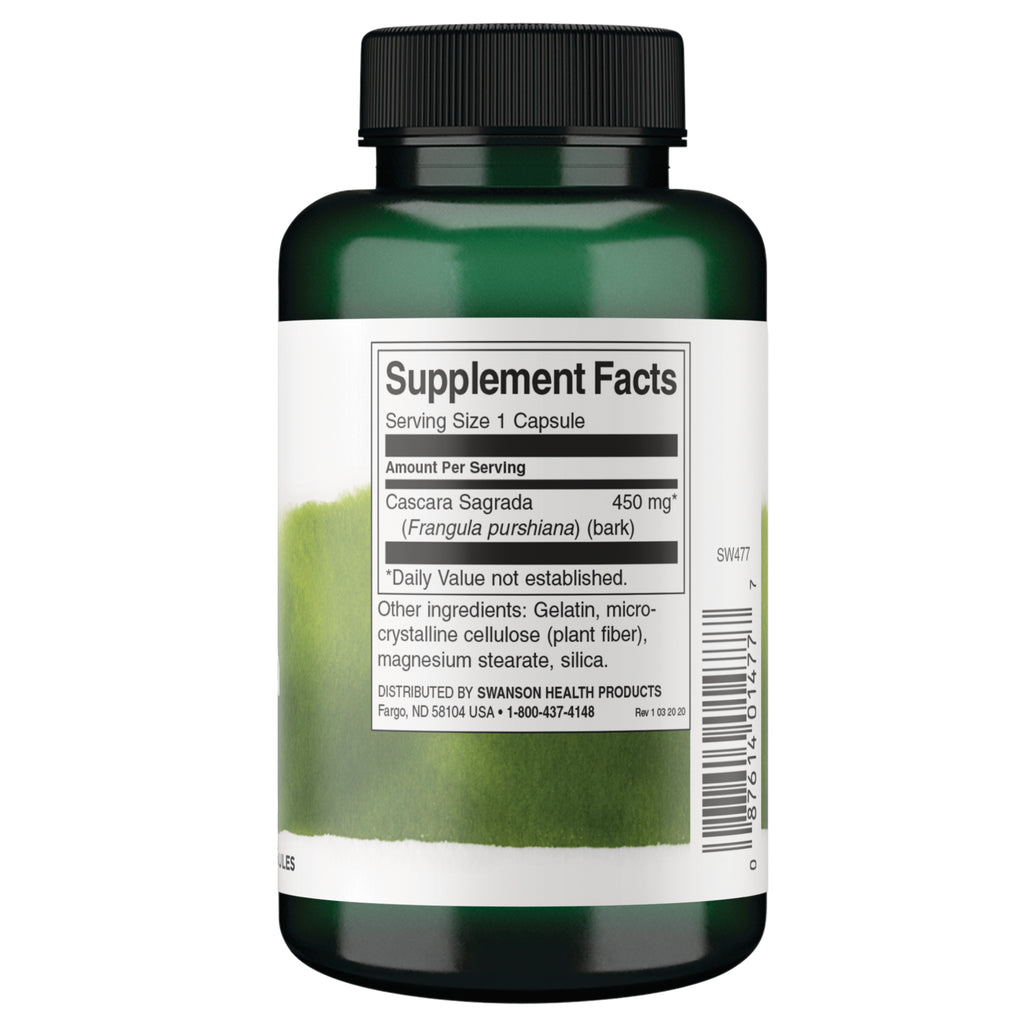SW477 | Back label Supplement Facts: Serving Size 1 capsule; Cascara Sagrada 450 mg - Thumbnail