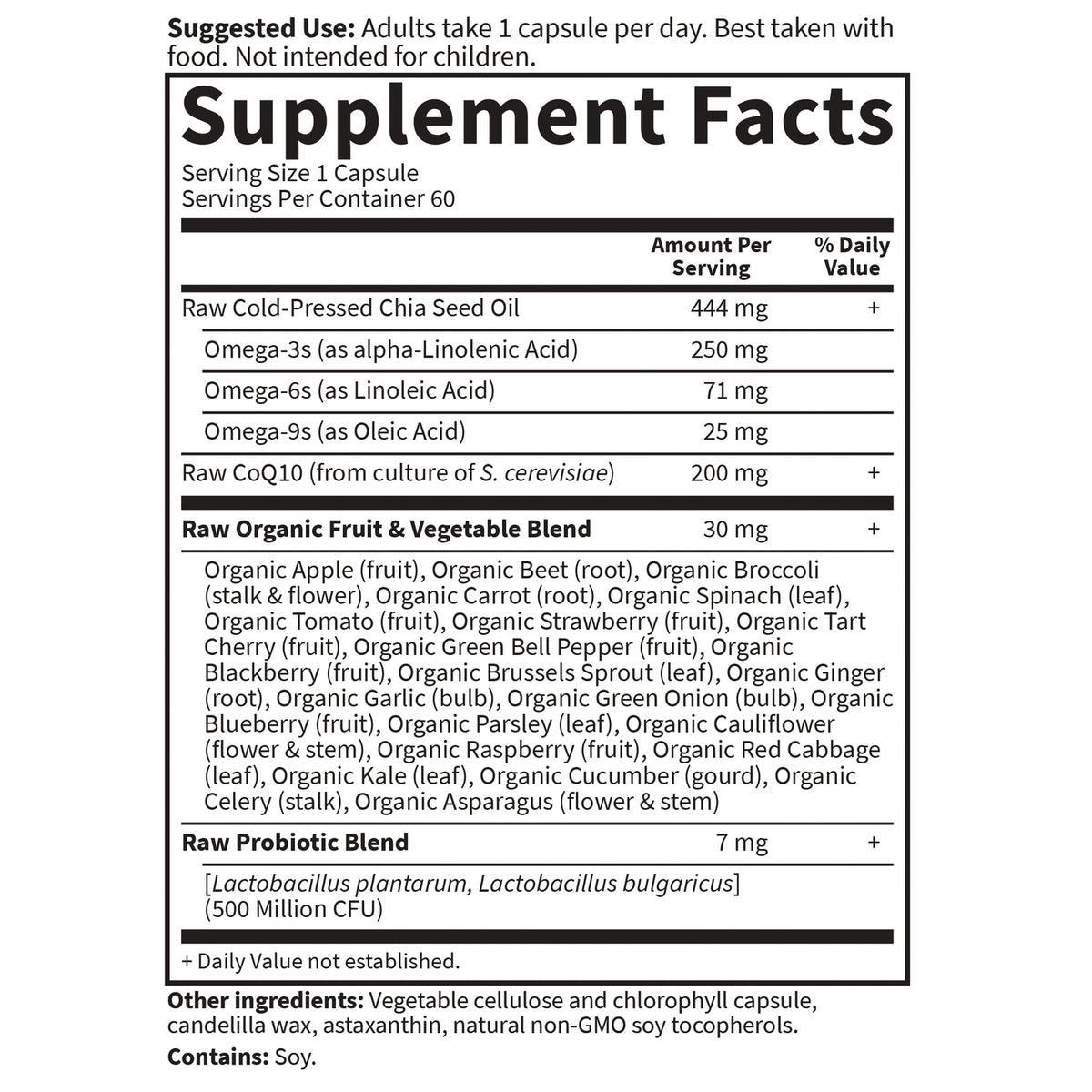 GLF135 | back supplement facts label listing serving size, Raw Cold-Pressed Chia Seed Oil, CoQ10, organic fruit & vegetable blend and probiotic blend
