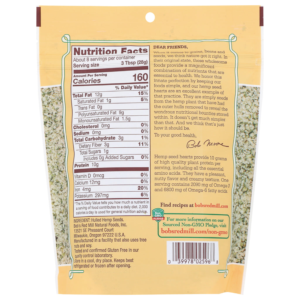 BOB256 | Nutrition facts panel, ingredient information and barcode on the back of a yellow hemp seed bag - Thumbnail