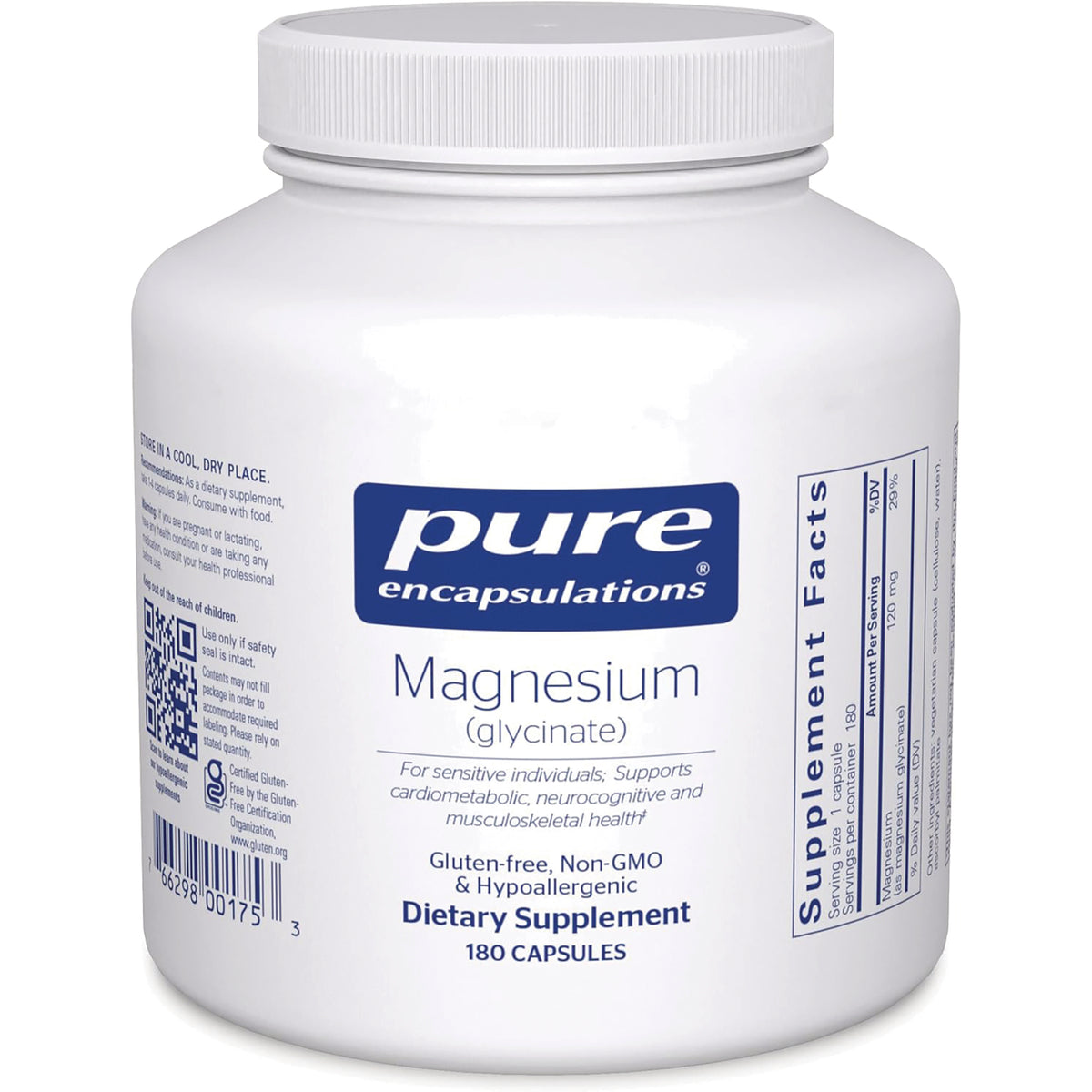 PRN001 | Pure Encapsulations Magnesium (glycinate) white supplement jar front label 180 capsules