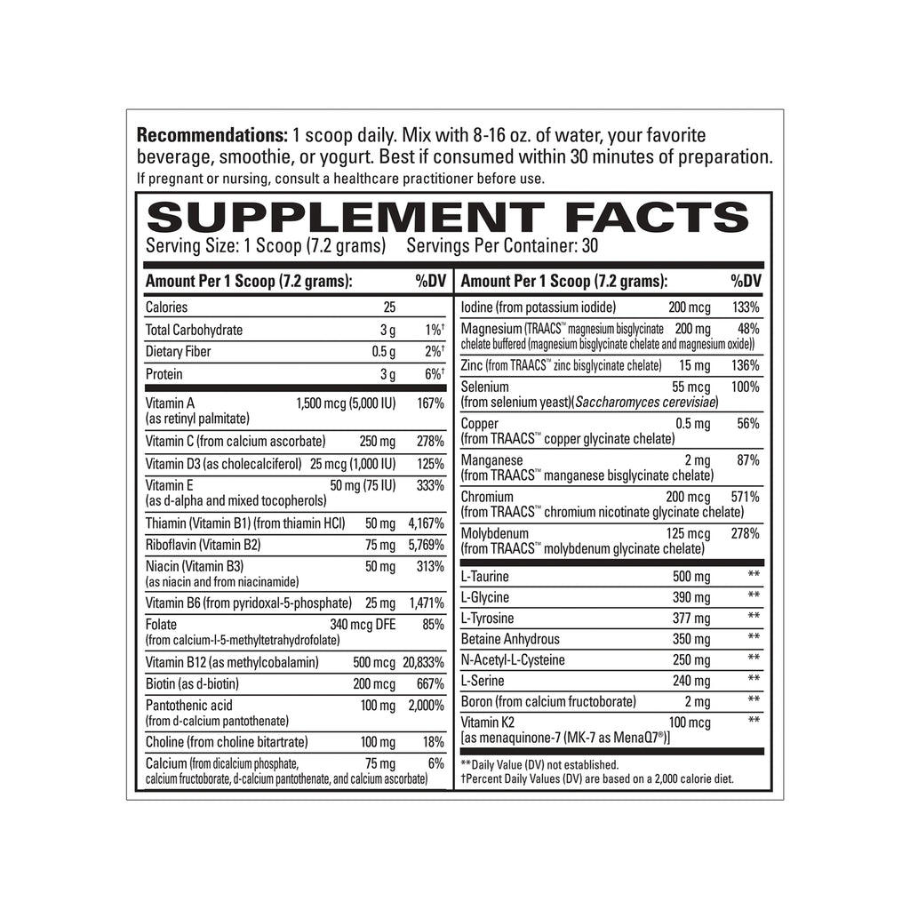EUR076 | Supplement Facts panel with recommendations for one scoop daily and detailed vitamin and mineral amounts - Thumbnail