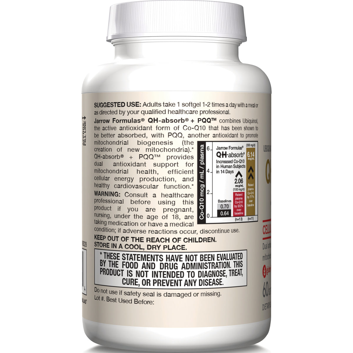 JR349 | Back label of supplement bottle showing suggested use, warnings, FDA disclaimer box and a small infographic