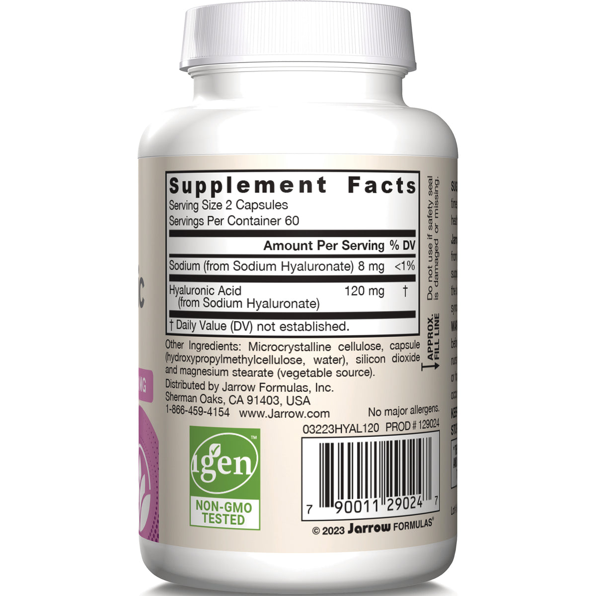 JR192 | Back label showing Supplement Facts with serving size 2 capsules, Hyaluronic Acid 120 mg, ingredients, barcode and non-GMO tested logo
