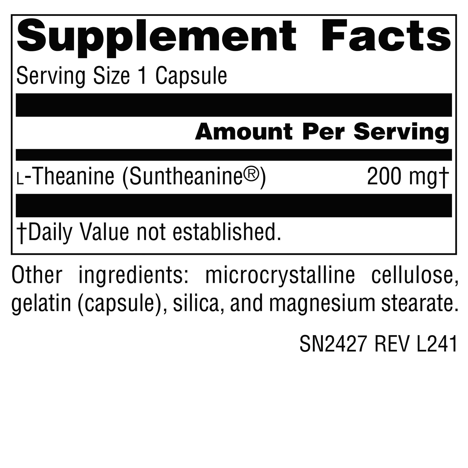 SN975 | Supplement Facts panel showing L-Theanine (Suntheanine) 200 mg per capsule; other ingredients listed