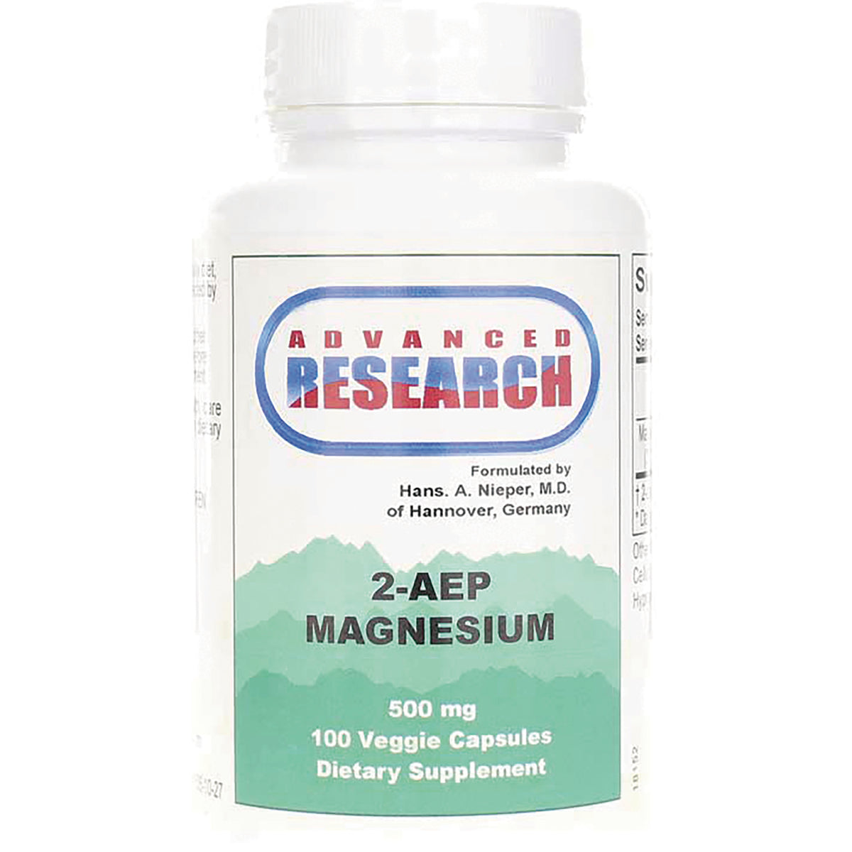 ADR018 | Advanced Research 2-AEP Magnesium 500 mg, 100 Veggie Capsules dietary supplement bottle