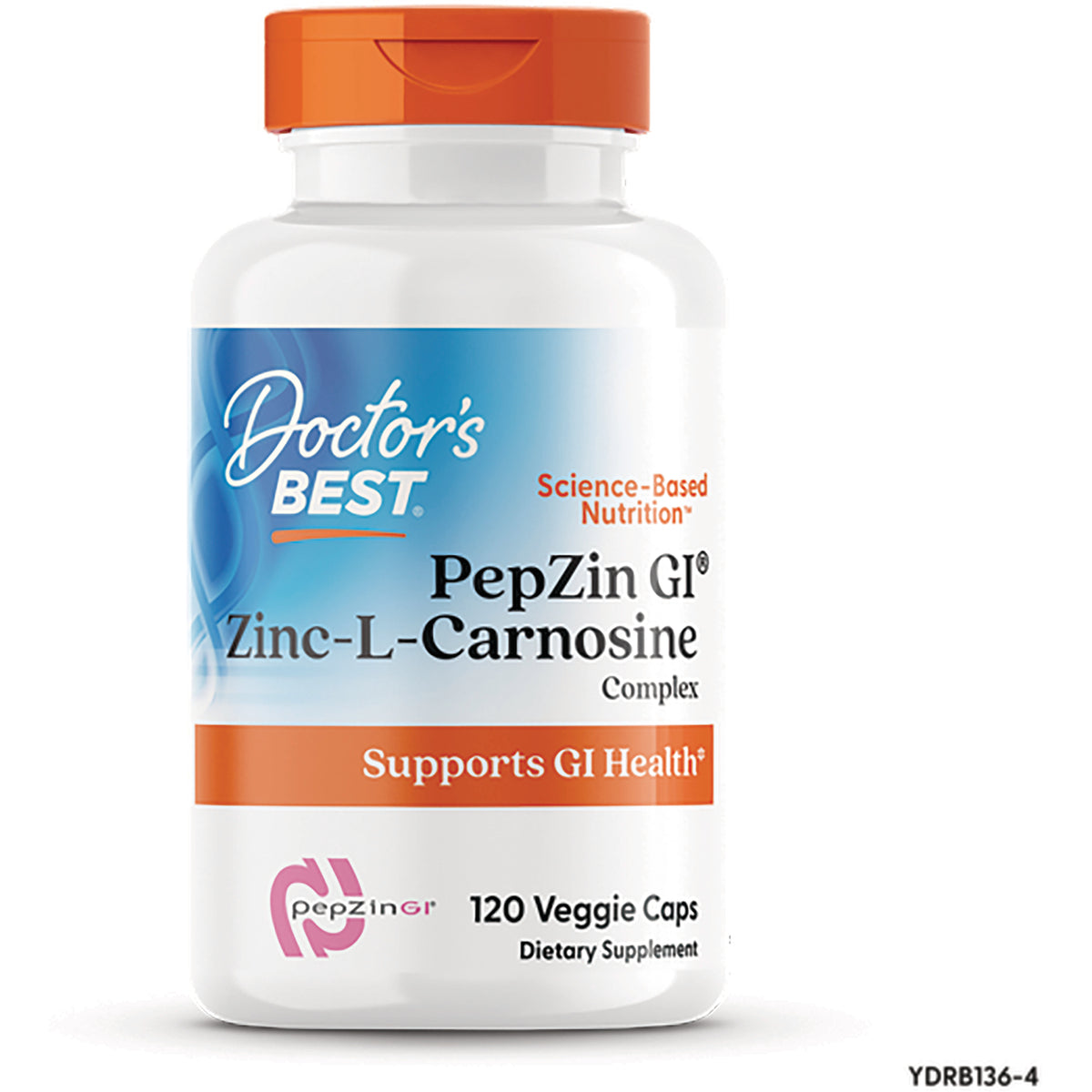 Doctor's Best PepZin GI Zinc-L-Carnosine bottle, 120 Veggie Caps, white bottle with orange cap, label supports GI Health