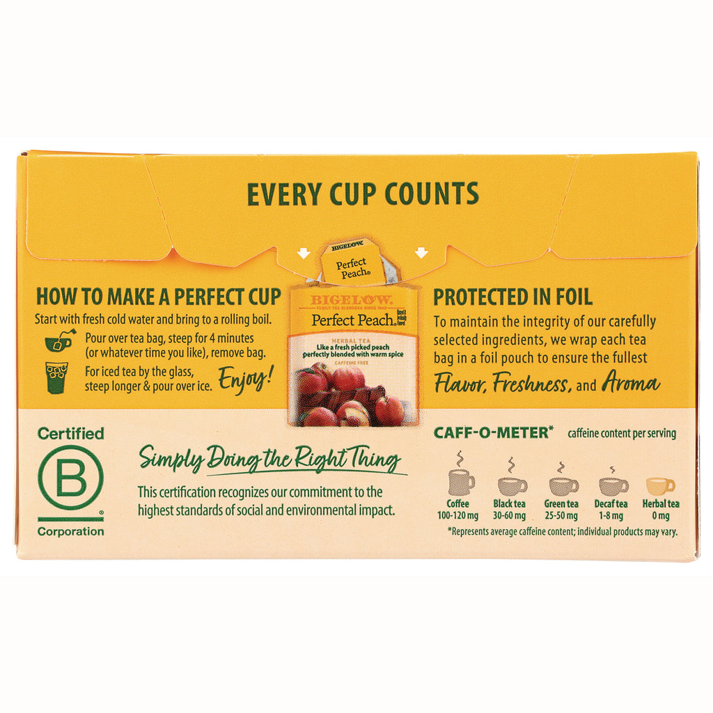 BGT023 | infographic back of Perfect Peach tea box showing brewing instructions, foil protection and caffeine chart - Thumbnail