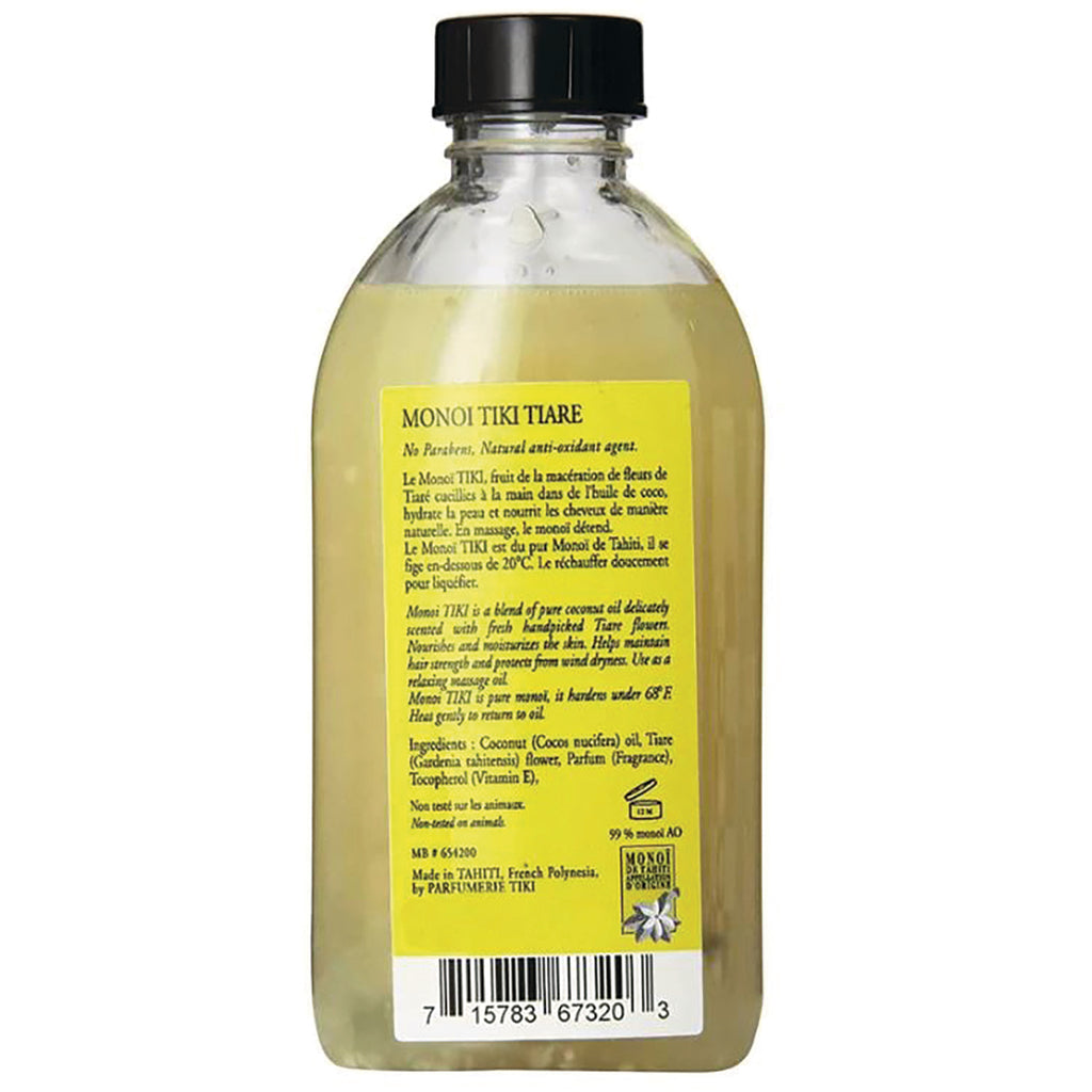 MON001 | Back label of clear bottle of monoi oil with yellow ingredients label and barcode - Thumbnail