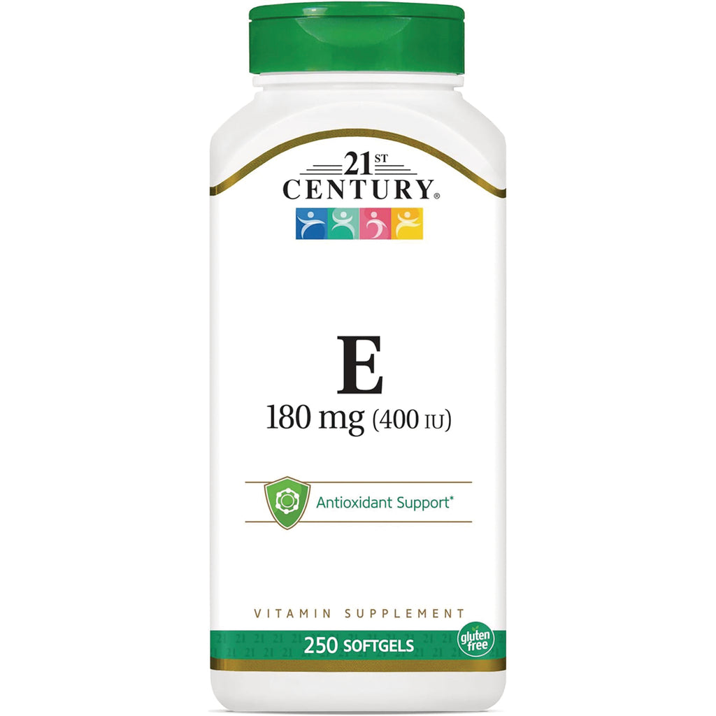 CNT182 | 21st Century Vitamin E 180 mg (400 IU) white bottle front labeled Antioxidant Support 250 softgels gluten free - Thumbnail