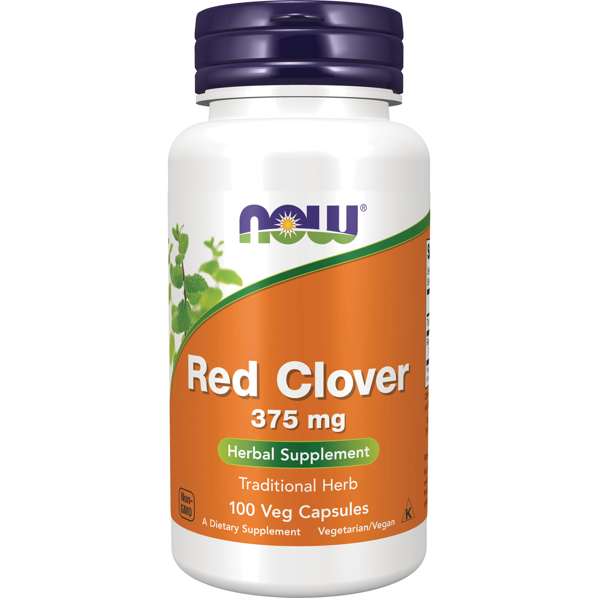 NWF506 | NOW Red Clover 375 mg herbal supplement bottle with orange label reading 100 Veg Capsules and purple cap