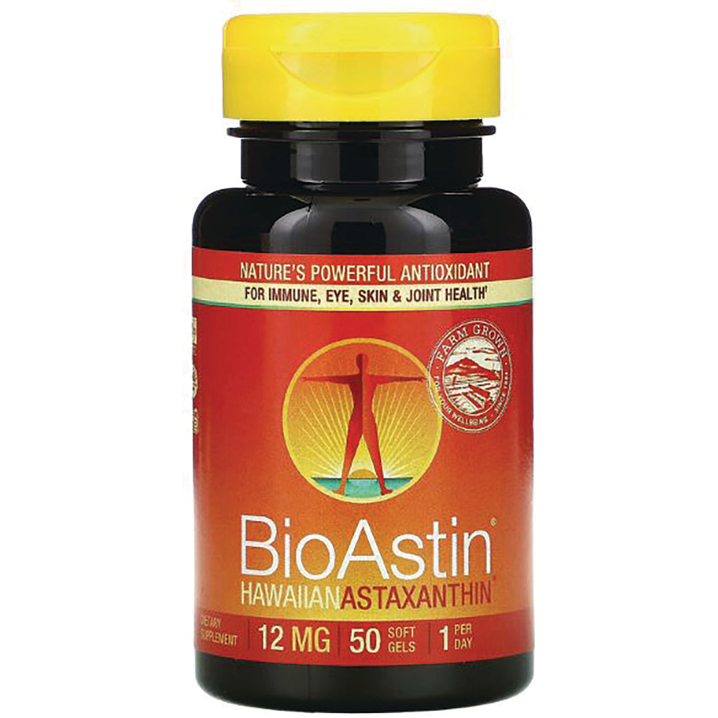 NUT022 | BioAstin Hawaiian Astaxanthin supplement bottle with yellow cap, 12 mg, 50 soft gels - Thumbnail