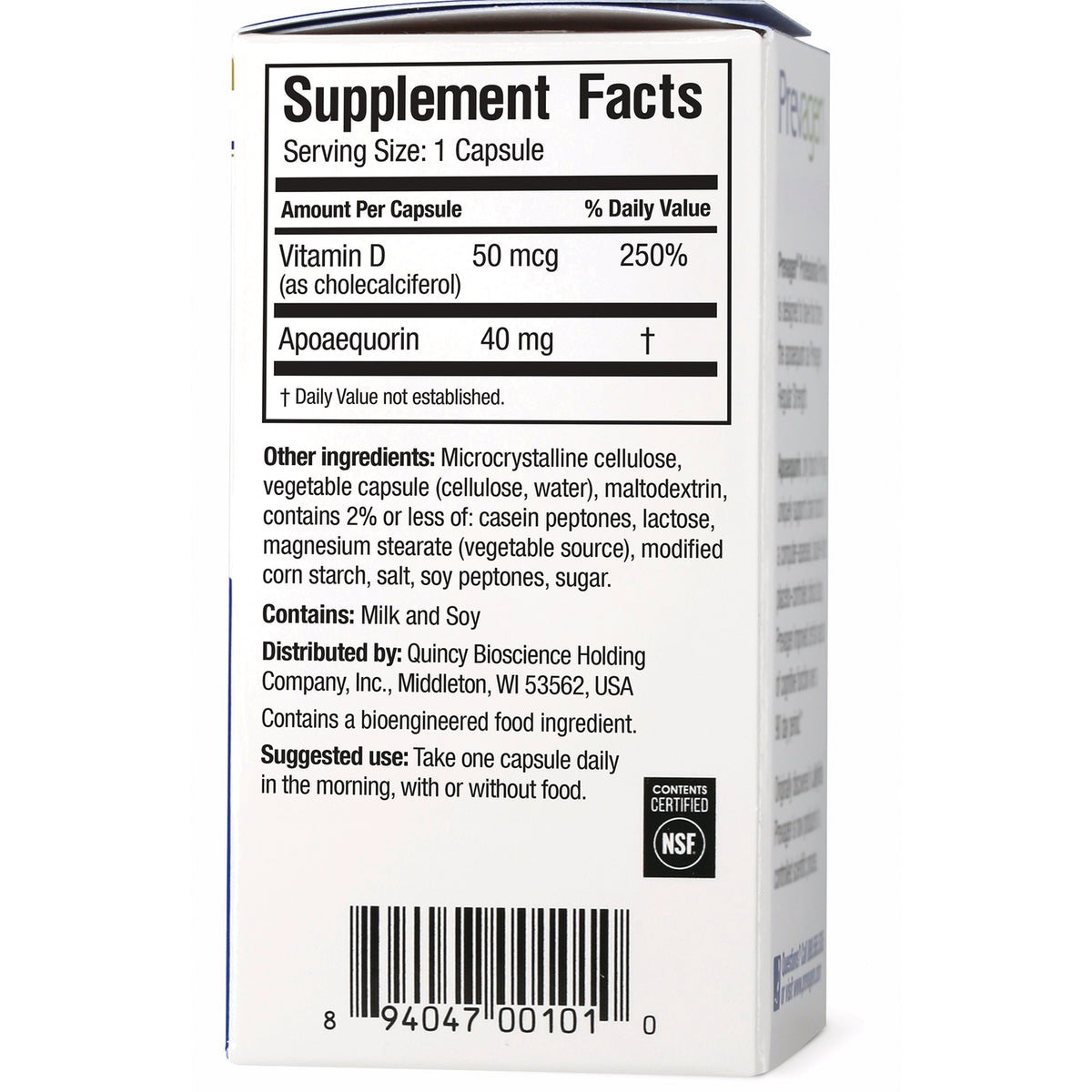 QB008 | Supplement facts panel showing Vitamin D 50 mcg, Apoaequorin 40 mg, ingredients, contains milk and soy, barcode