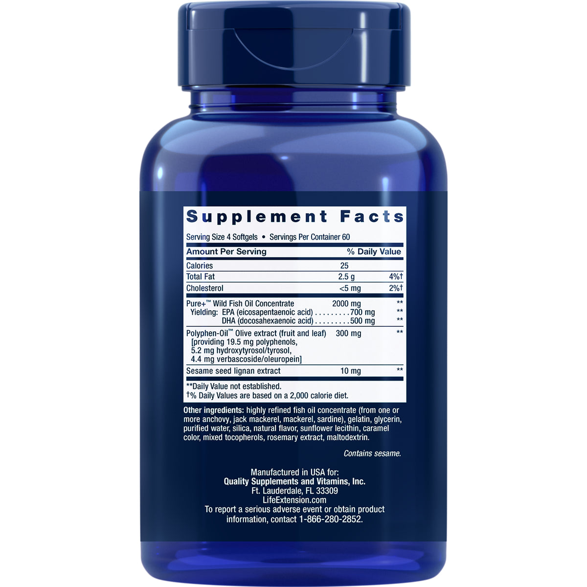 LE390 | Blue supplement bottle back showing Supplement Facts panel and ingredient list