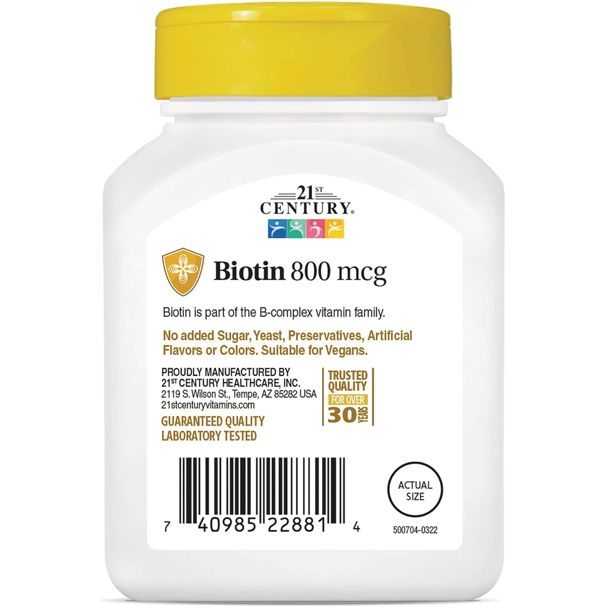 CNT014 | product infographic label for 21st Century Biotin 800 mcg showing claims, barcode and actual size circle